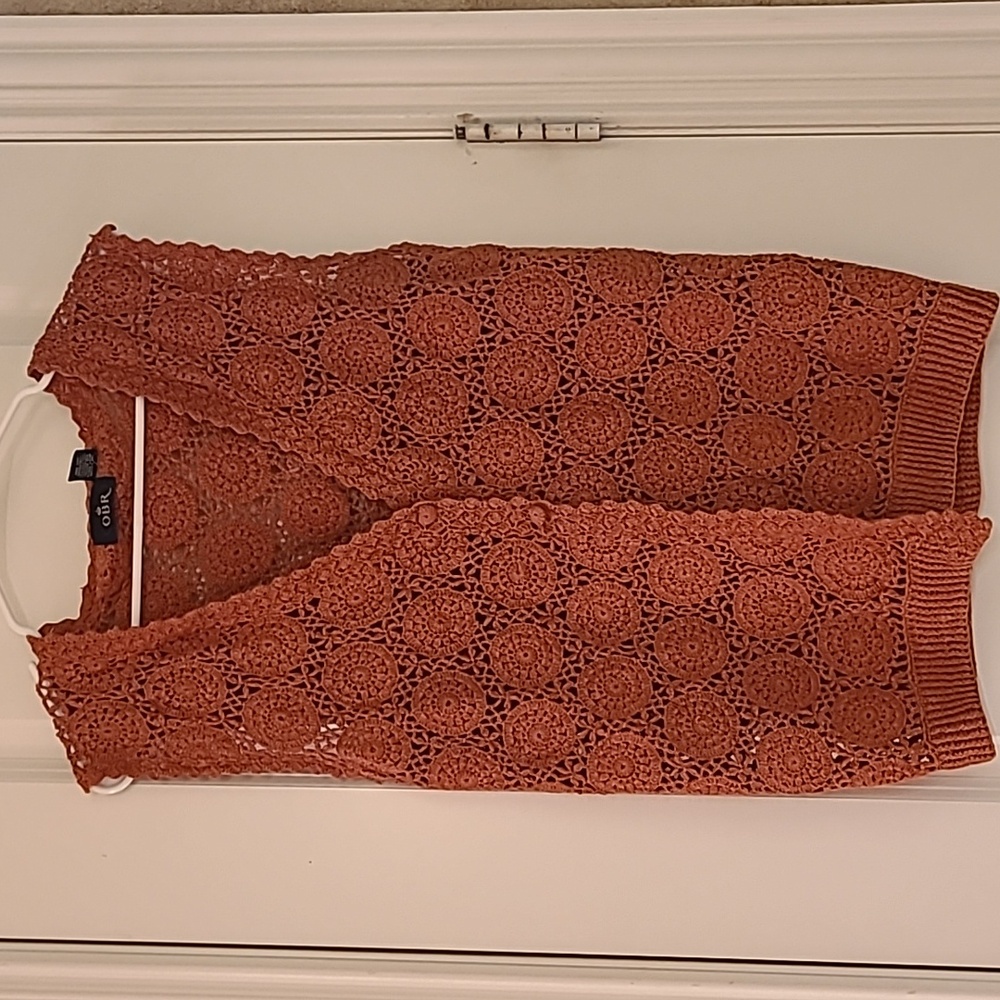 OBR Rust Orange Crochet Button-Front Sweater Vest Medium
